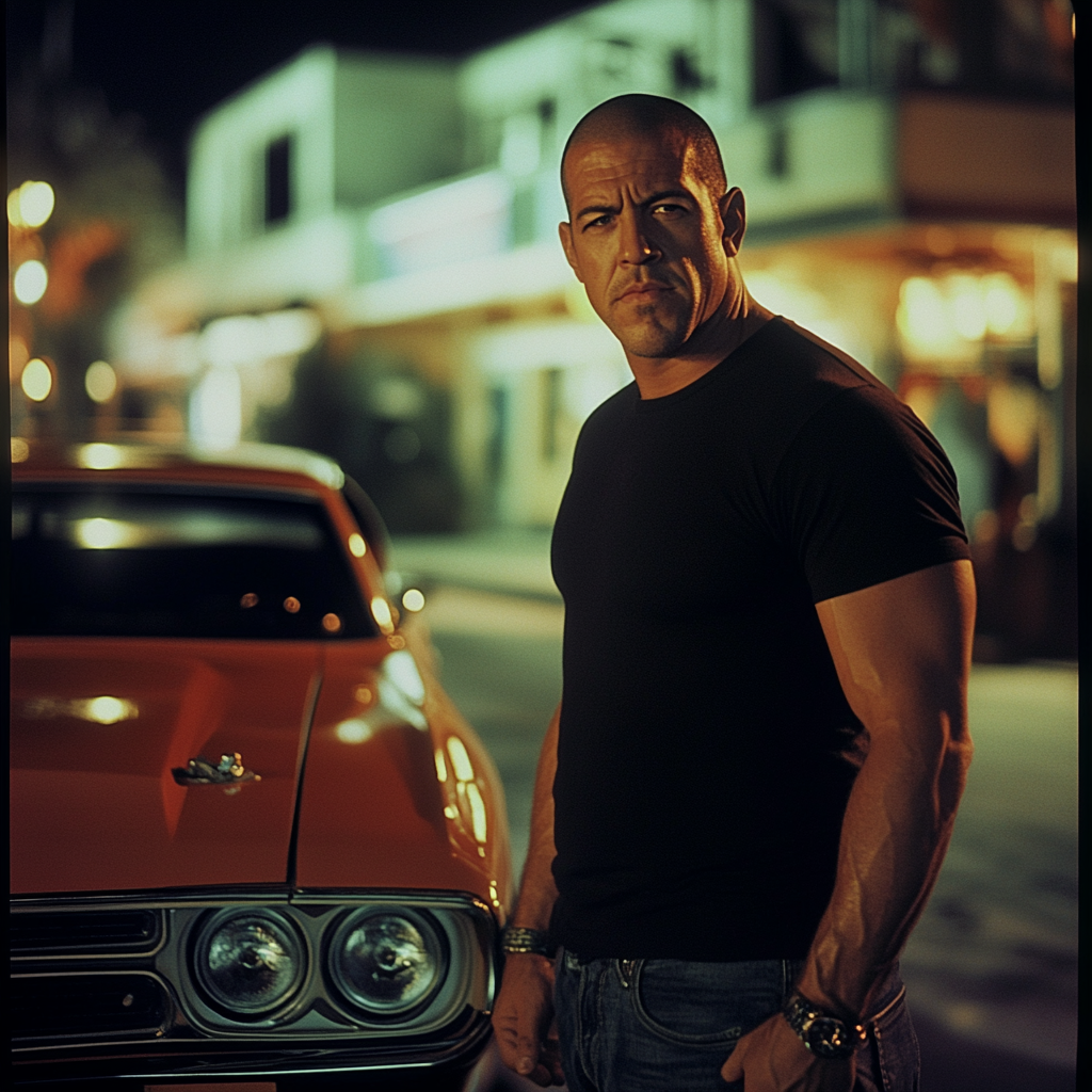 Quick Vin Diesel with car in 1950s-style movie.