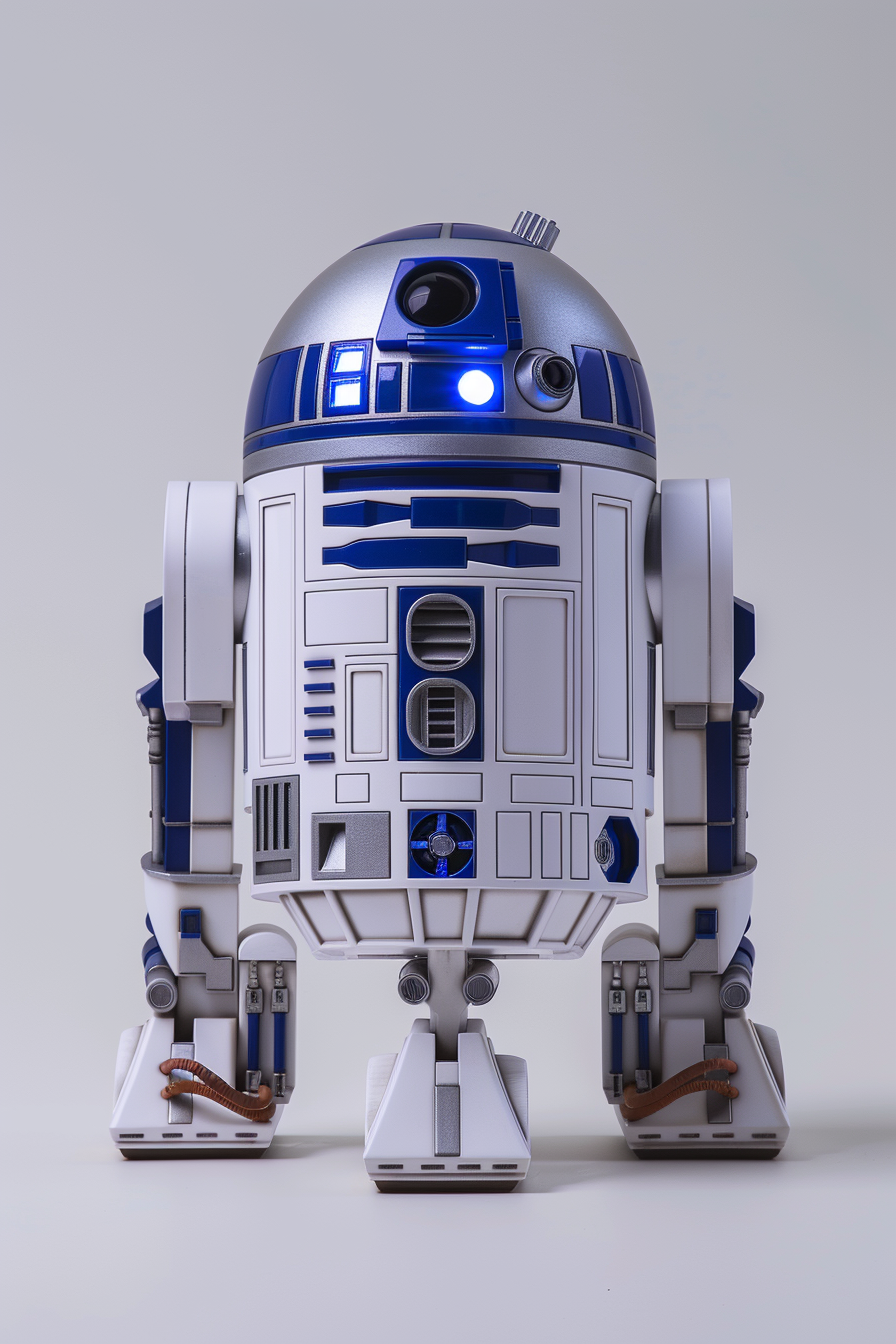 R2D2 with LED glowing eyes, sensors, elegant aesthetic.