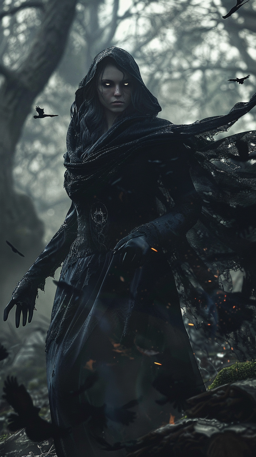 Raven in hooded cloak, dark energy radiating, eerie forest.