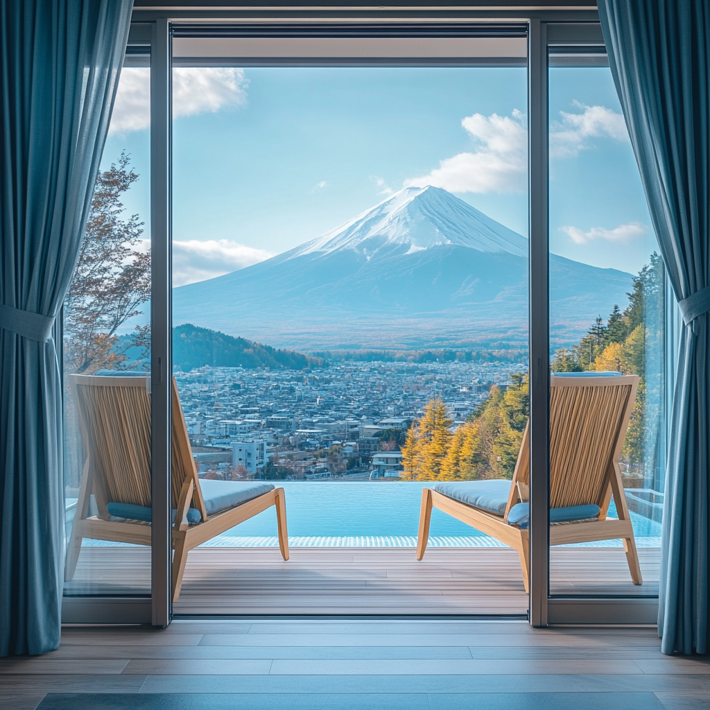 Real rooftop view of mountain city with pool and Fuji.