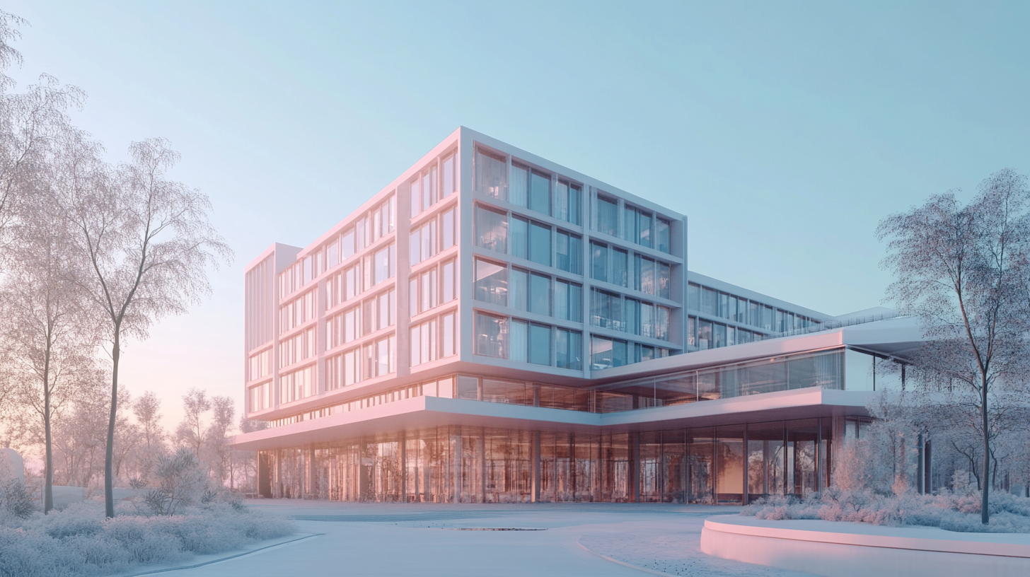 Realistic 3D render of modern hotel in soft colors.