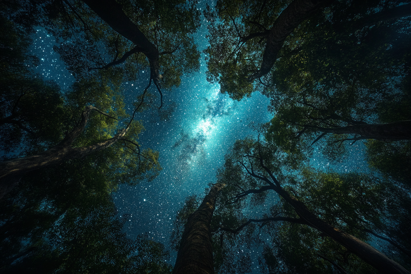 Realistic Asian forest photos with Milky Way view, sharp details.