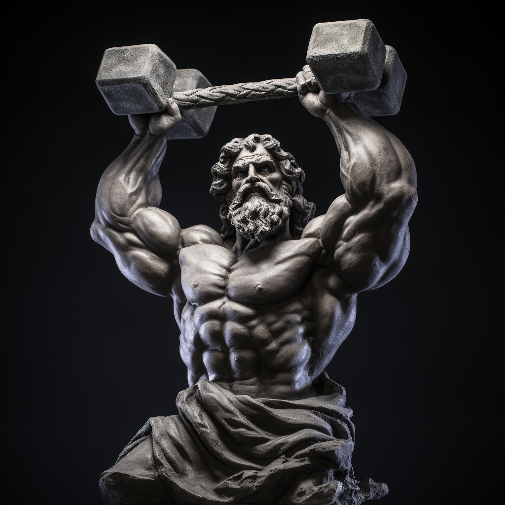 Zeus sculpture lifting dumbbells