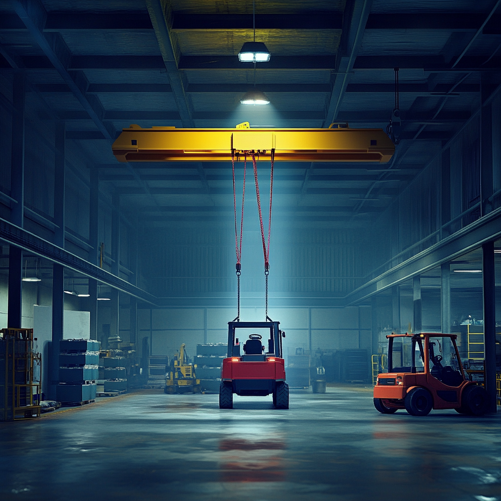 Realistic crane hoisting red forklift with nylon slings.