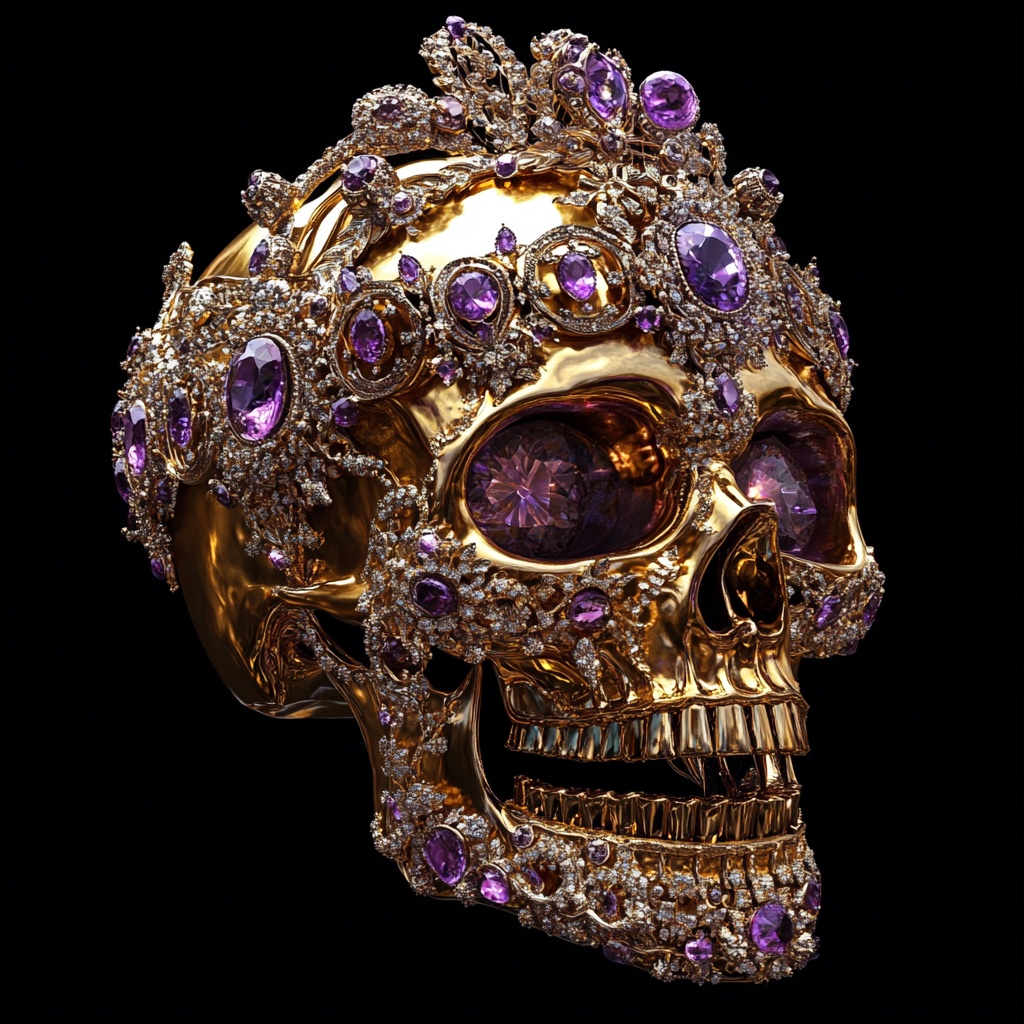 Realistic golden skull covered with purple diamonds and gems.