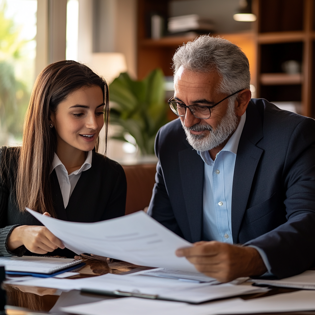 Realistic photo of 50-year-old accountant with 20-year-old client.