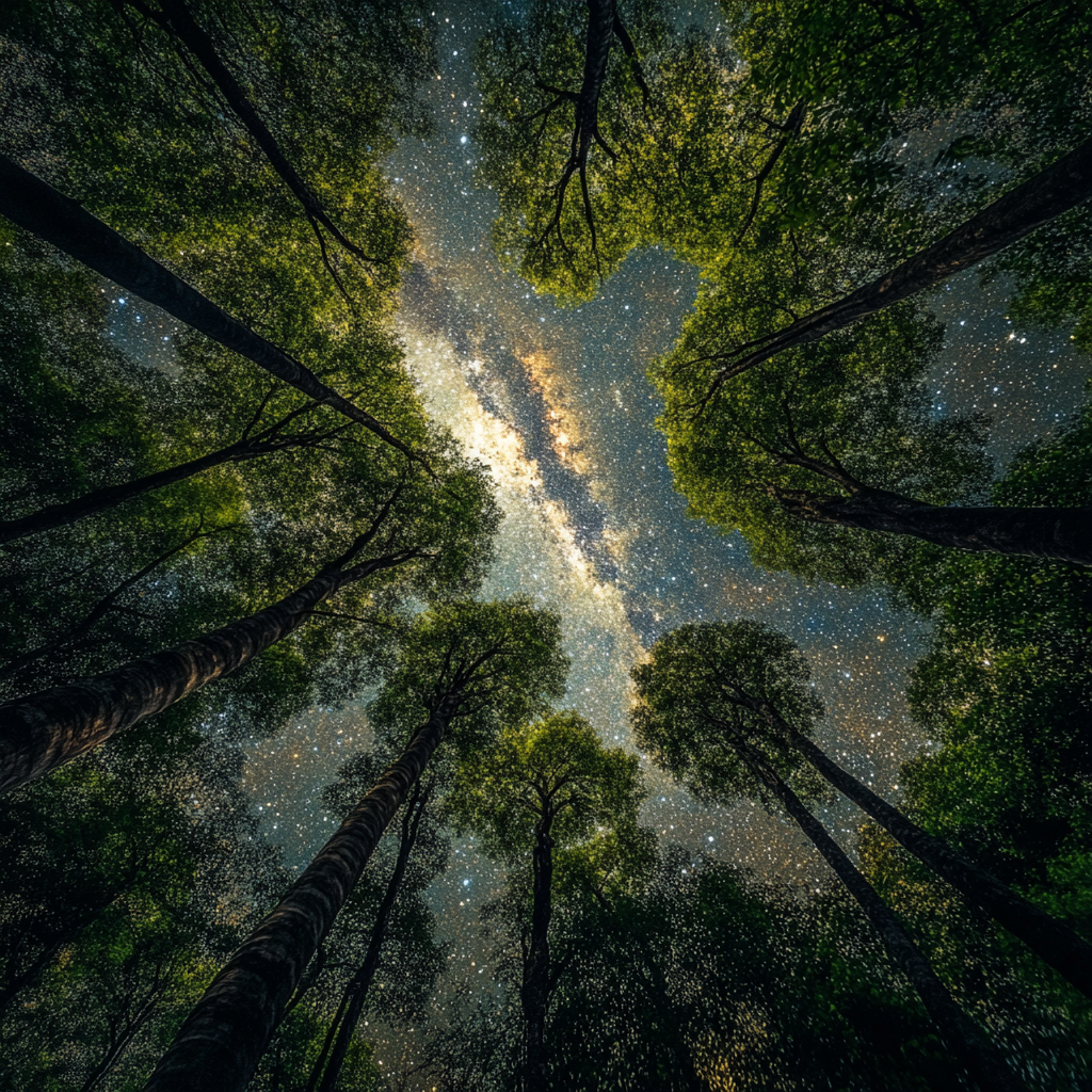 Realistic photos Asian forest, low angle, looking up Milky Way.