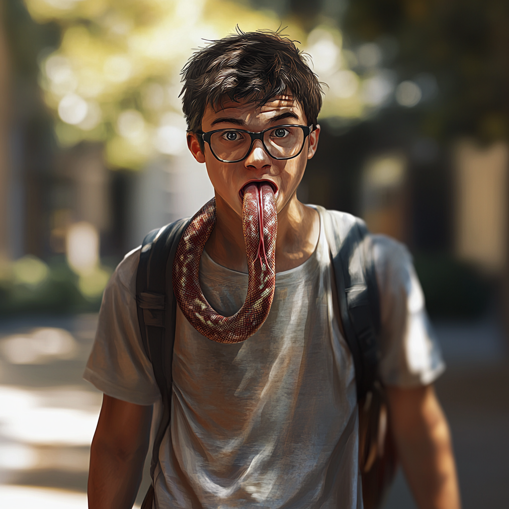 Realistic superhero college student with bifid snake-like tongue, glasses