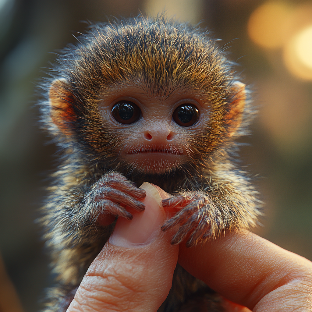 Realistic video of pygmy marmoset holding human finger.