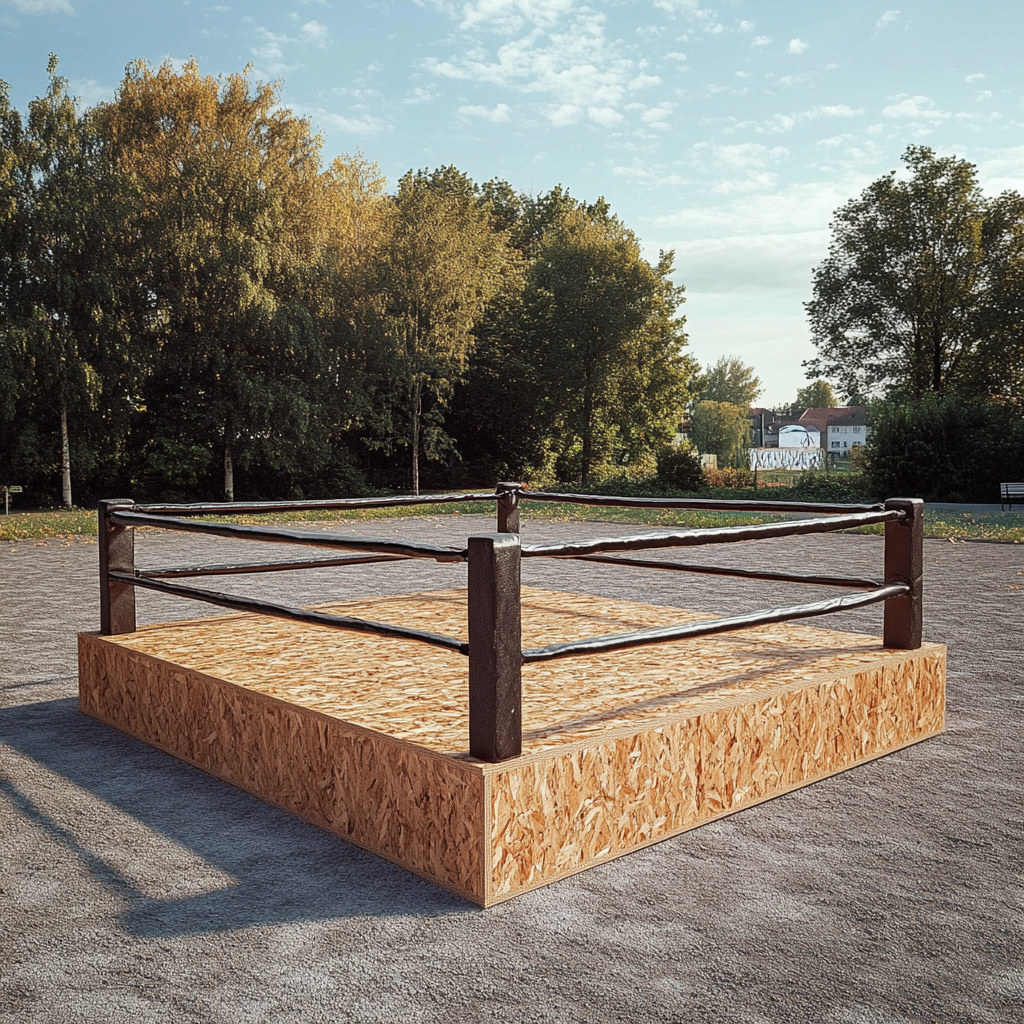 Realistischer Boxring aus OSB-Platten auf Sportplatz.