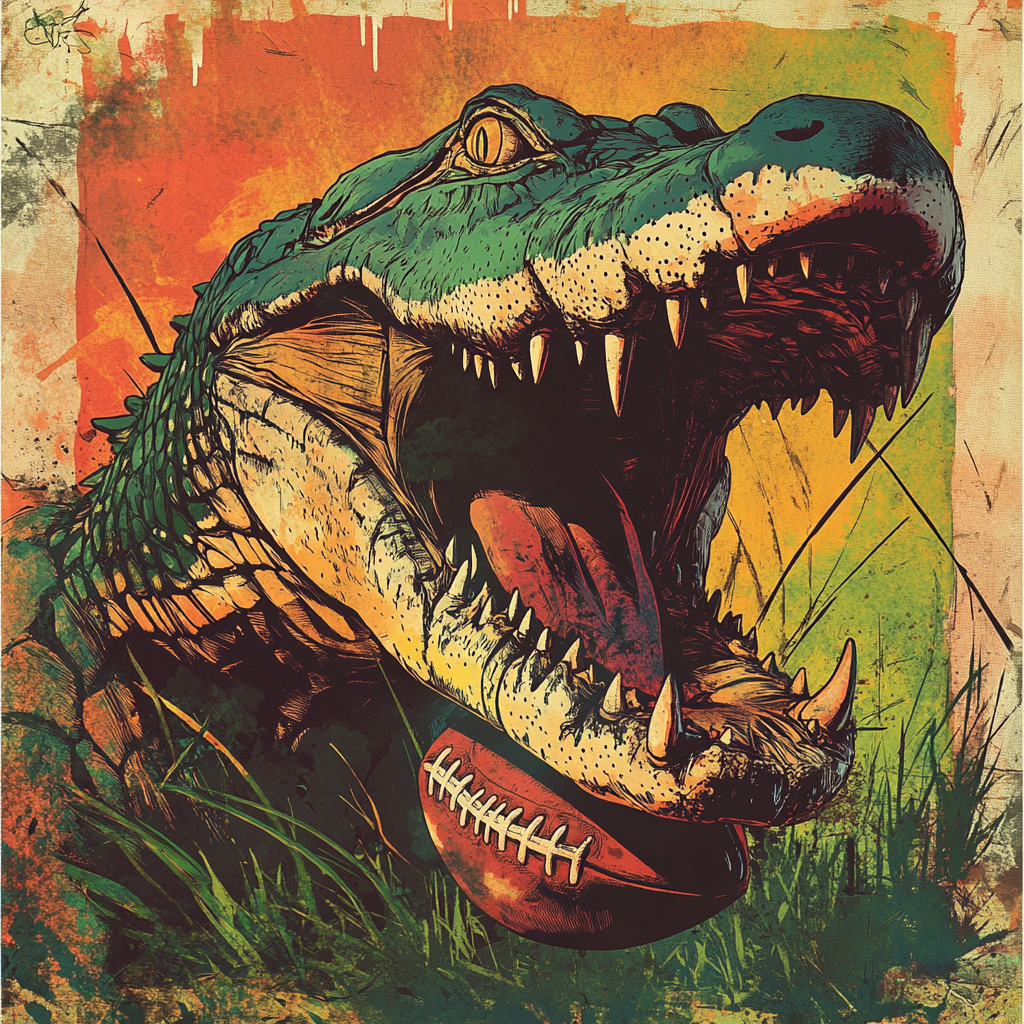 Rebellious alligator biting bulldog symbolizes American football culture.