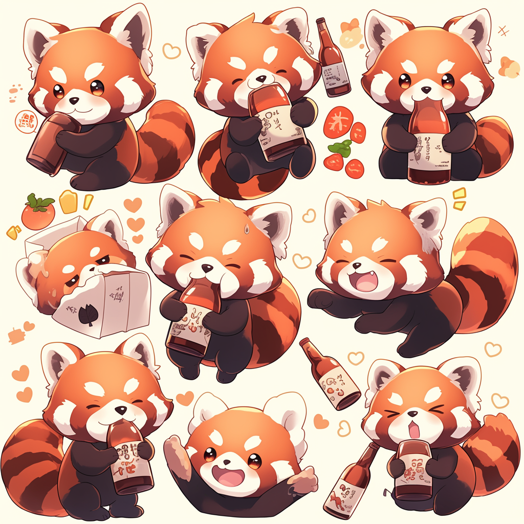 Red Panda Line Stamps Popart Chibi Drinking Poses