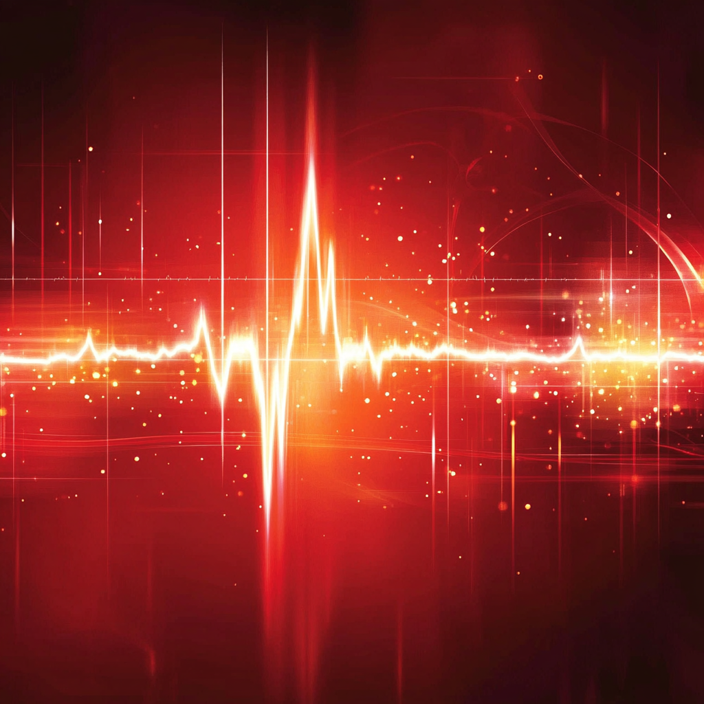 Red background with glowing white heartbeat, symbolizing life and energy.