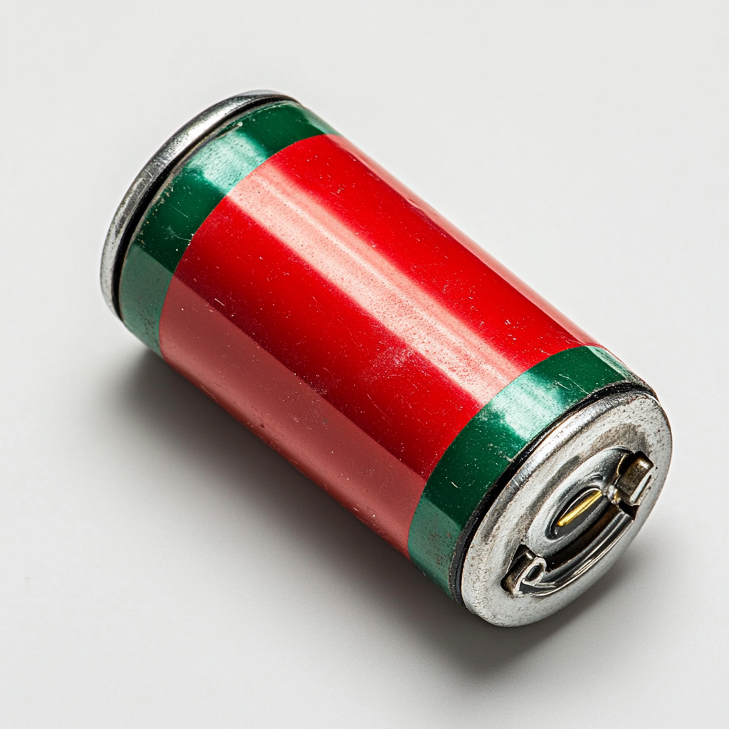 Red electronic capacitor with green stripe, white background, flying.