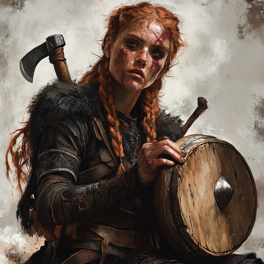 Red-haired viking bard with burn scars playing drum.