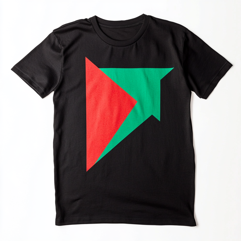 Red triangle, green top, black bottom on t-shirt.