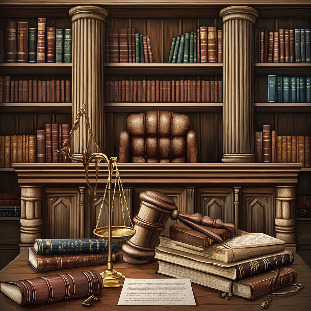 Represent legal field with gavel, scales, documents, law books.