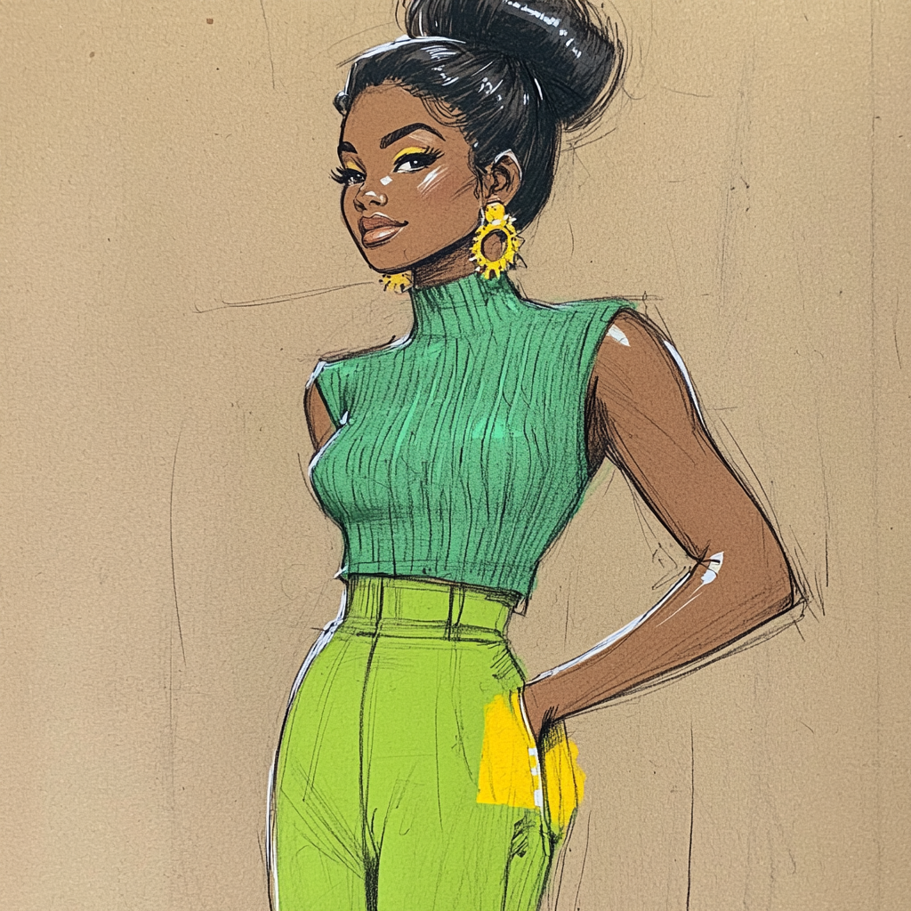 Retro 1960s African-American woman in Kelly green outfit