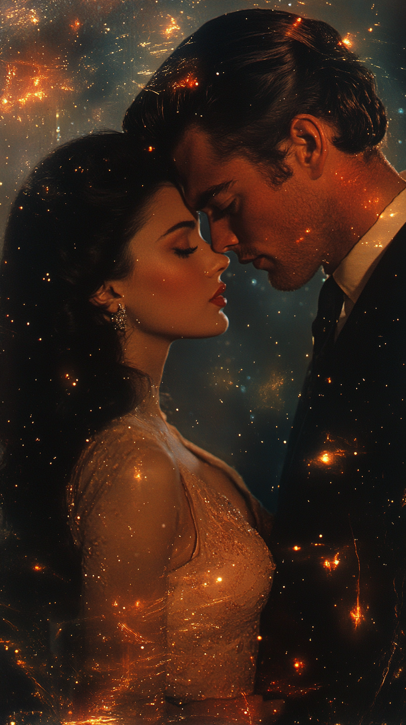 Retro cosmic couple in love surrounded by stars