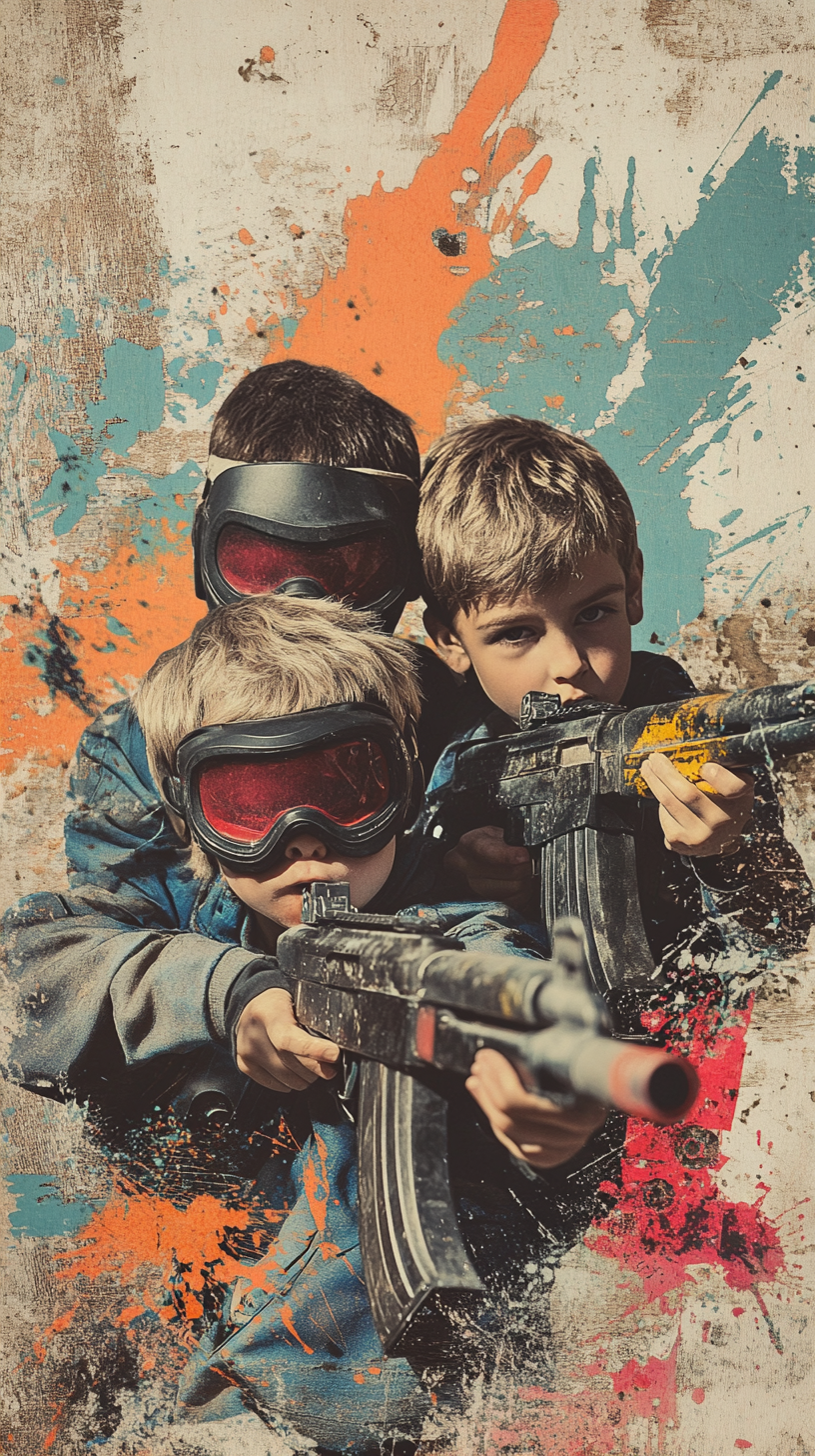 Retro kids birthday party paintball invitation with 80s style.