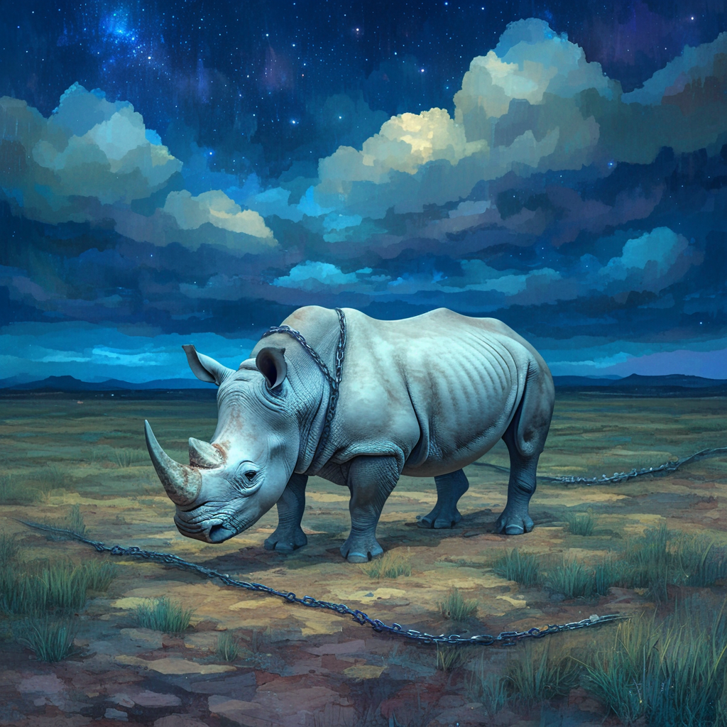 Rhino breaking chains in starry night savanna fantasy.