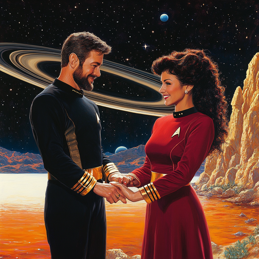 Riker and Troi share tender moment by orange lake.