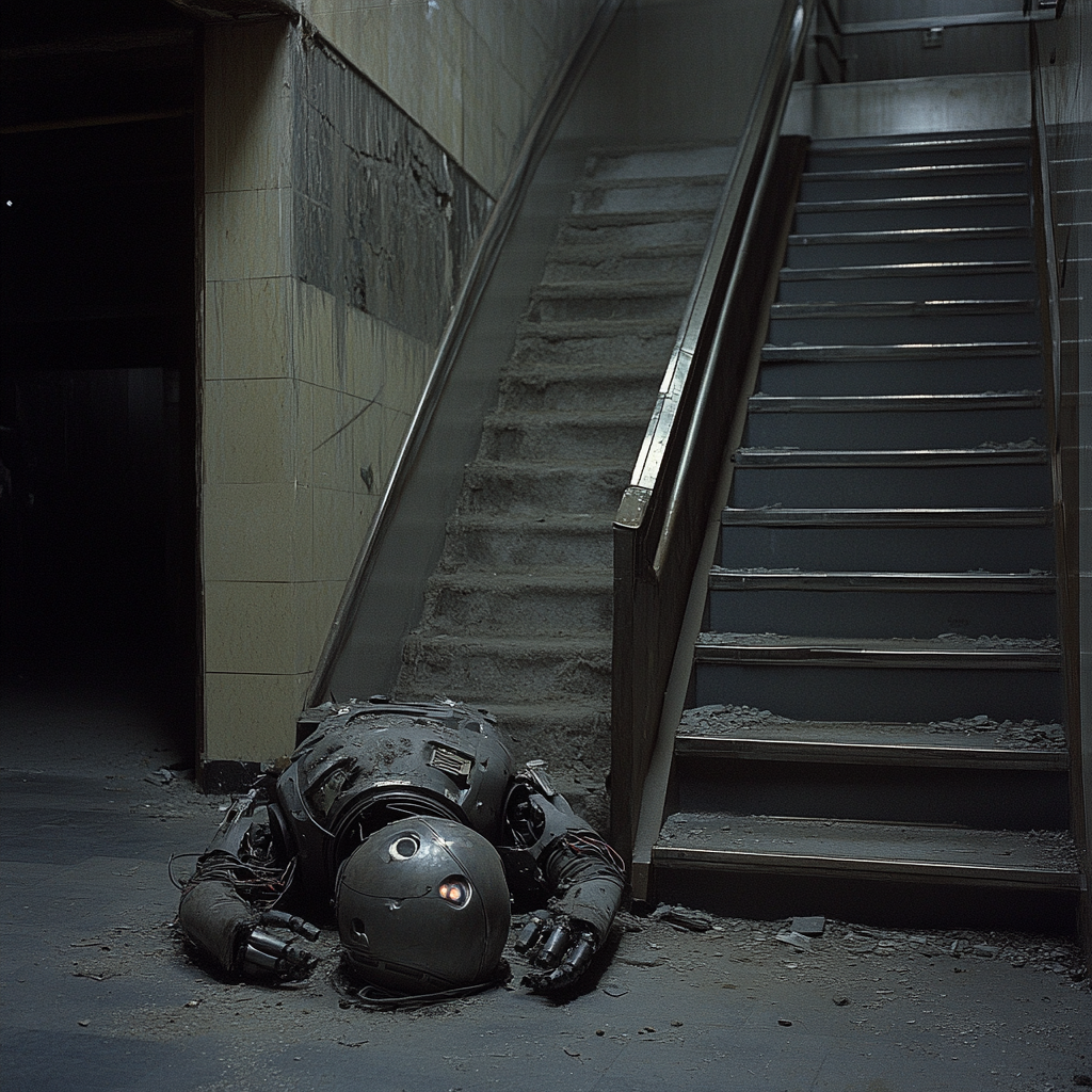 Robot lies motionless, broken, twisted at stairs bottom.