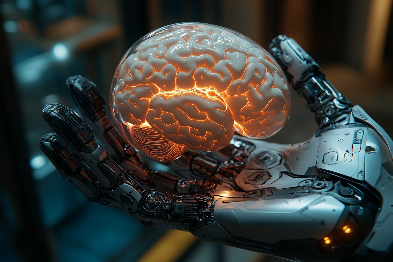 Robotic hand holds glowing brain in hologram style scene.