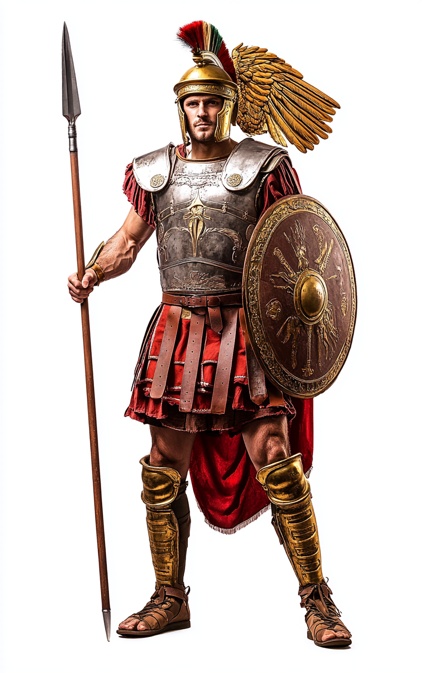 Roman soldier in red armor, gold helmet and shield.