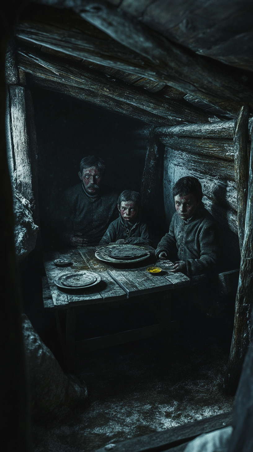 Russian family in bleak hut during famine 