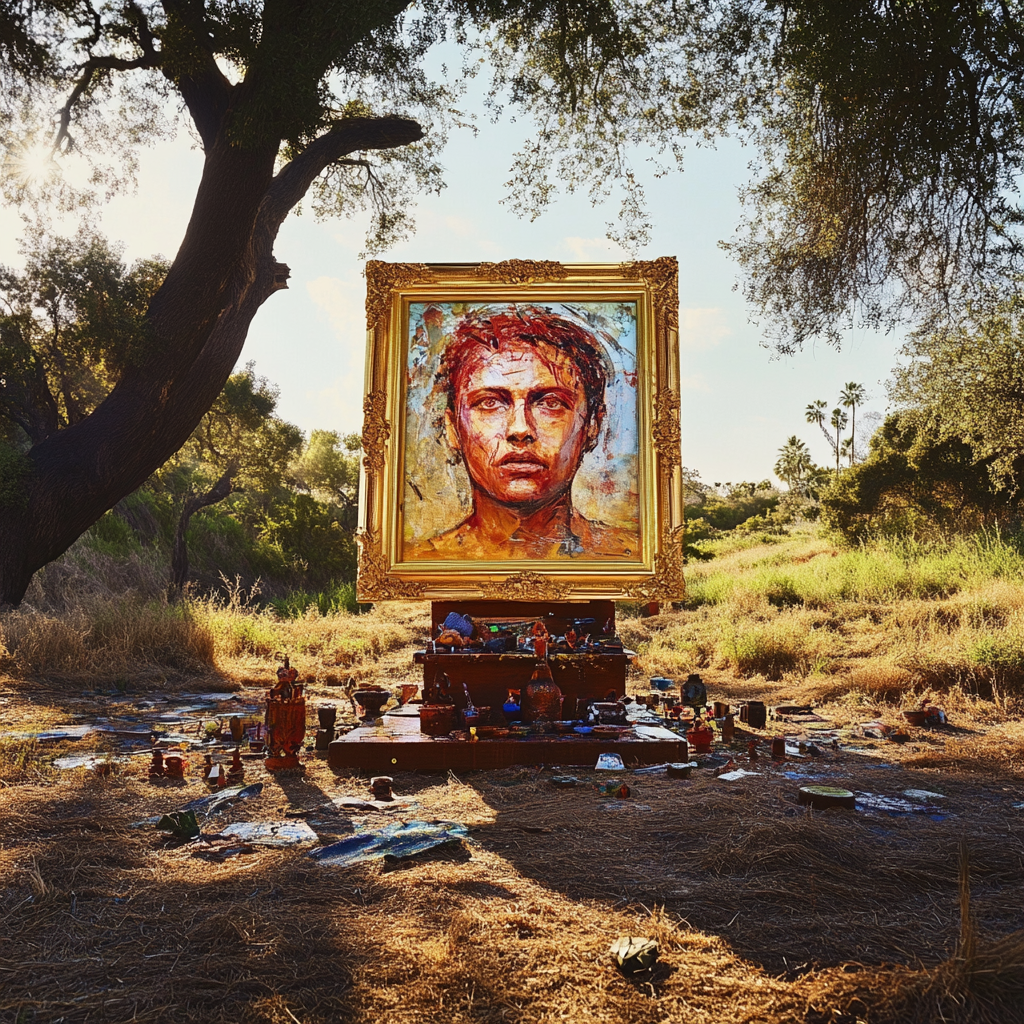 Sacred tribal scene with grand oil painting and artifacts.