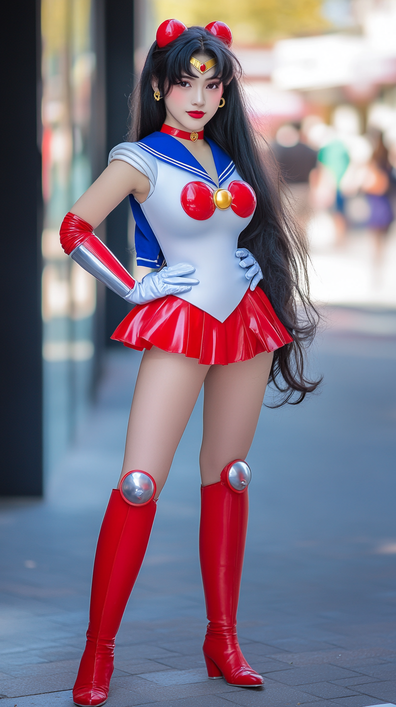 Sailor Moon cosplay: character in dynamic action stance.