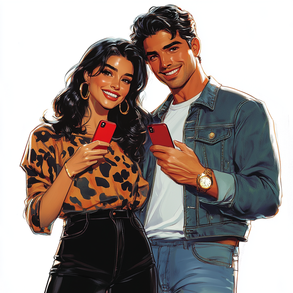 Salma Hayek and Latino male in fun comic style portrait