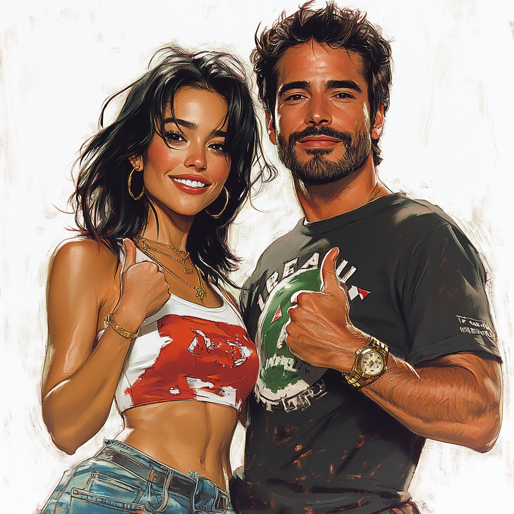 Salma Hayek and Latino male smiling in portrait.