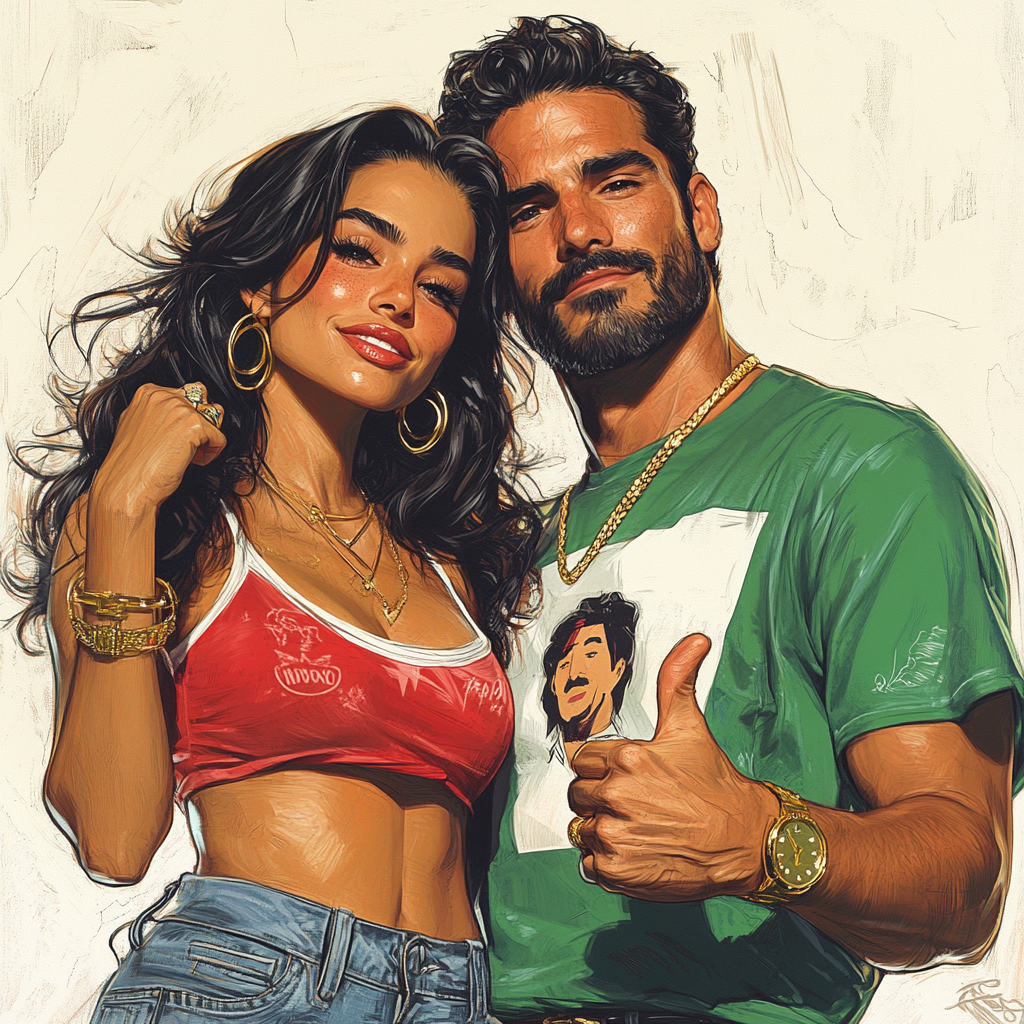 Salma Hayek and Latino man in comic portrait.