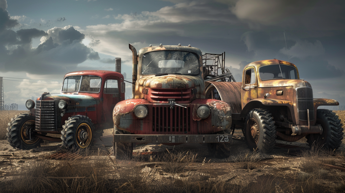 Scene with truck, car, and tractor, different styles.