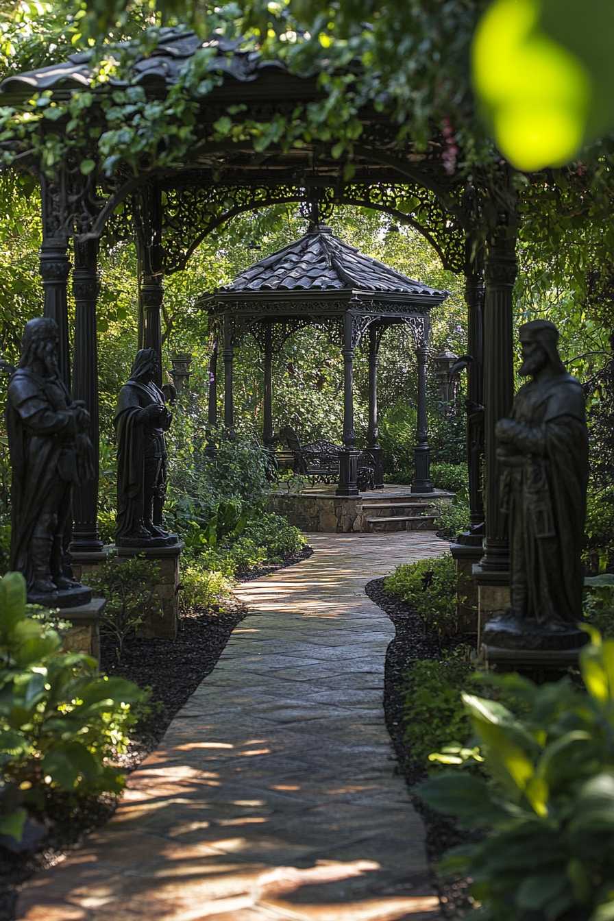 Secluded garden with stone statues, iron gazebo, moonlit path