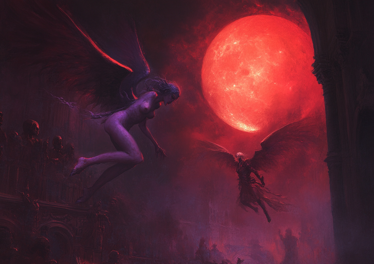 Seductive demon and alluring angel clash under blood-red moon.