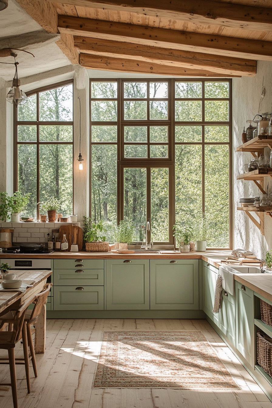 Serene Rustic Modern Kitchen with Green Cabinets & Wood Accents