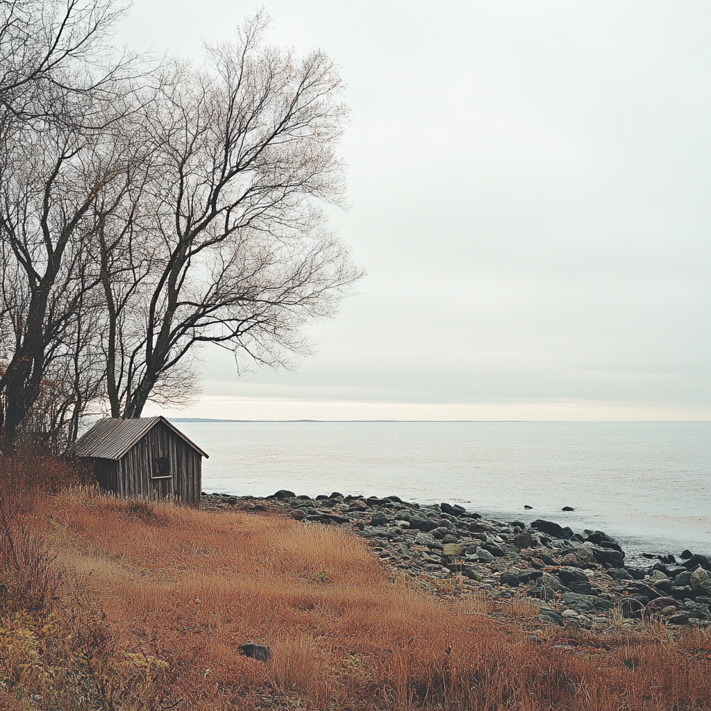 Serene coastal landscape with wooden hut, rocky shoreline, calm sea.