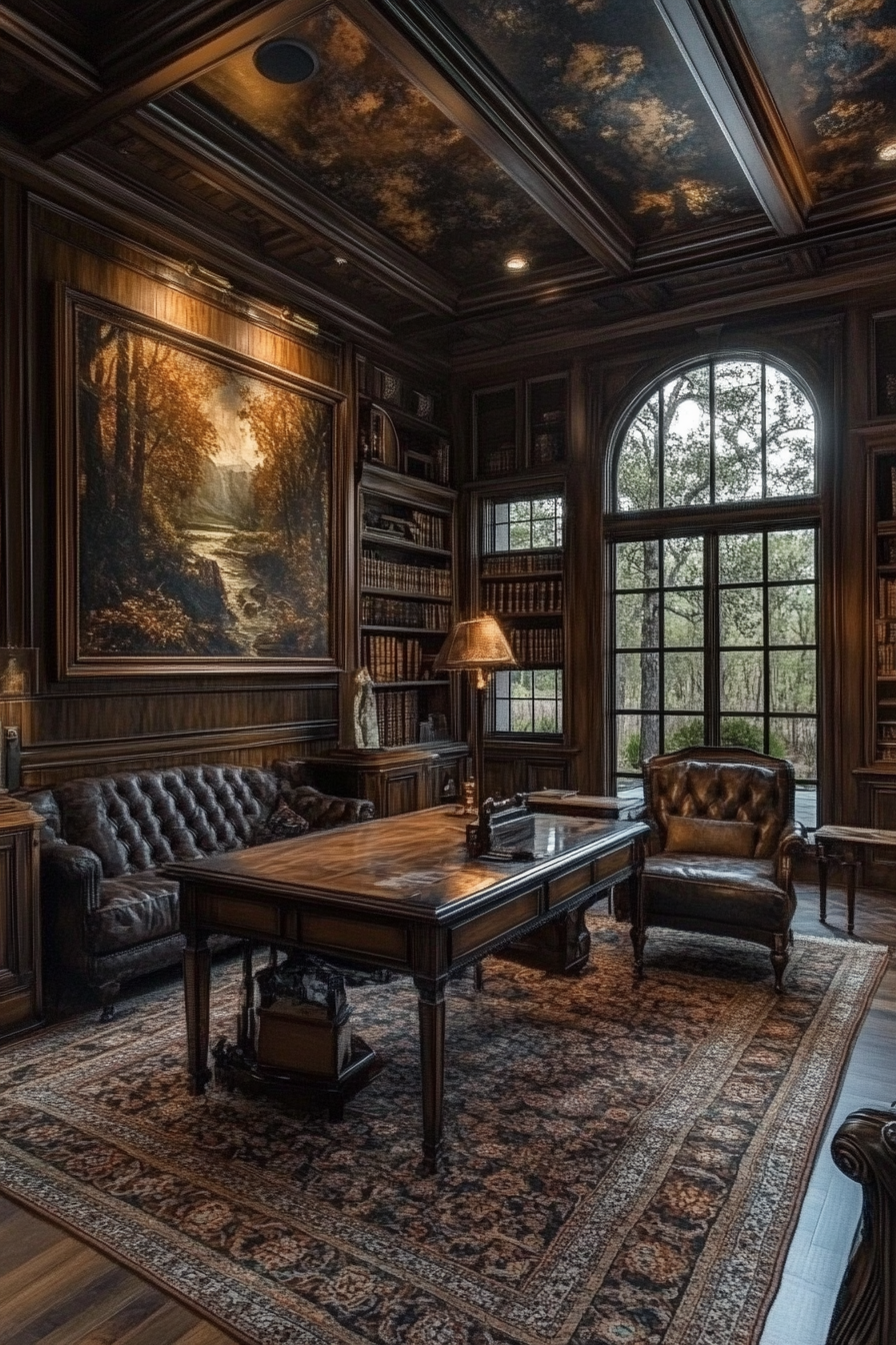 Serene forest-themed sitting area with gothic decor.