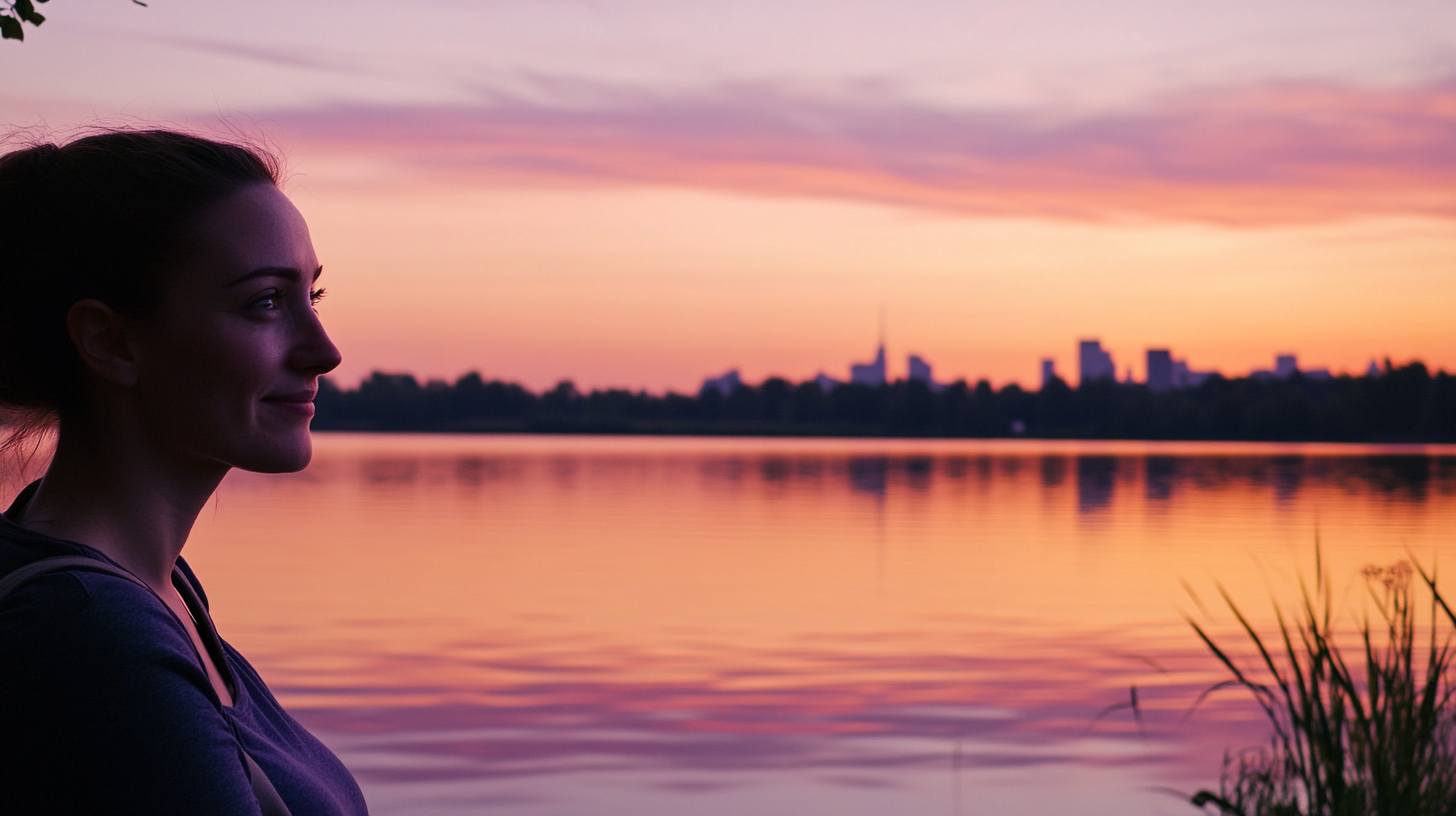 Serene photo of woman by lake at sunset.