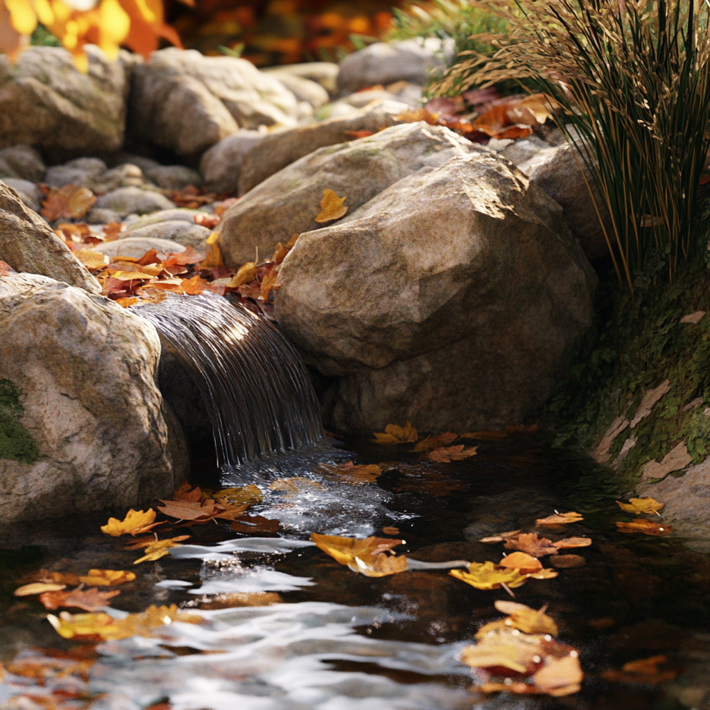 Serene stream with rocks, leaves, grass. Nature scene.