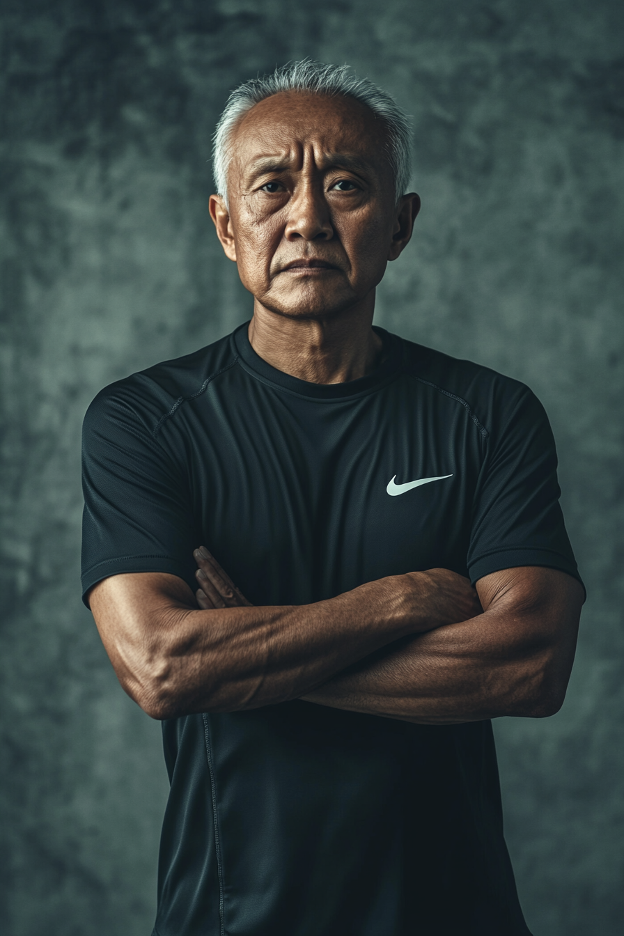 Serious Malay man in Nike shirt, badass pose, determined.