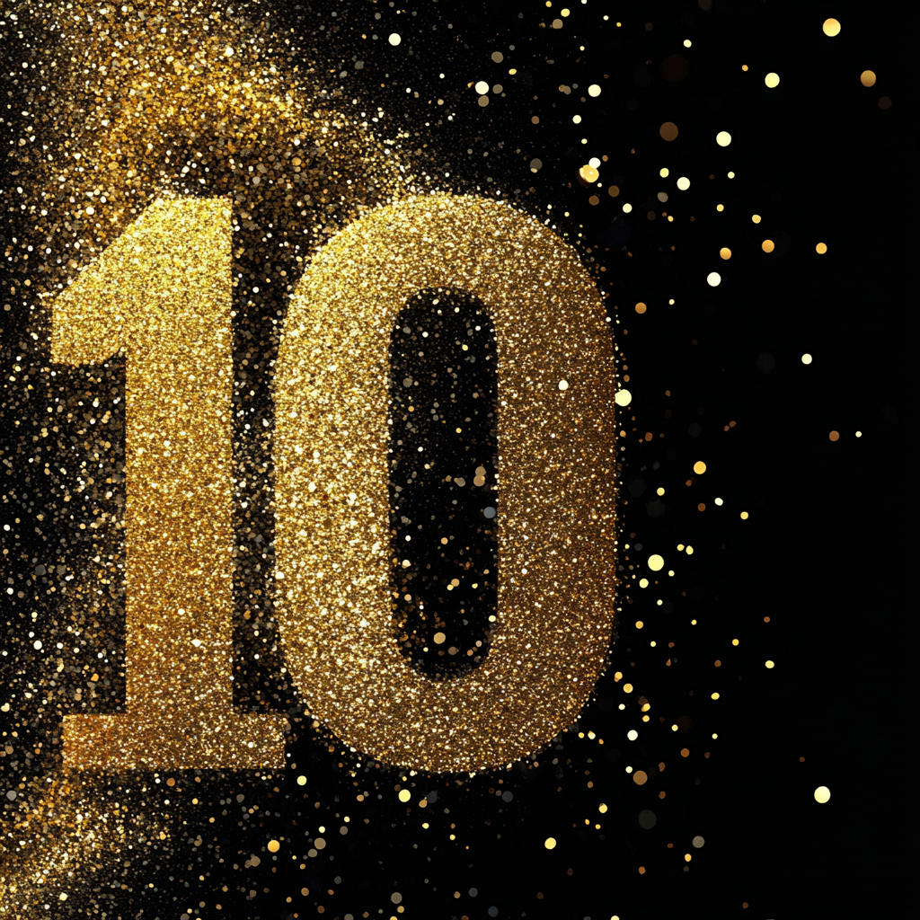 Shimmering black-gold background with subtle number 10 blend.