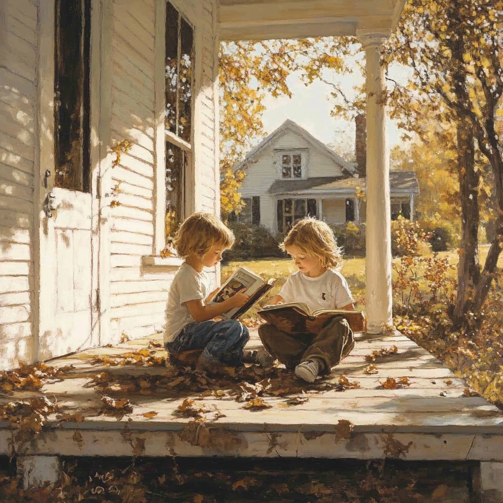 Siblings Reading Together on Front Porch