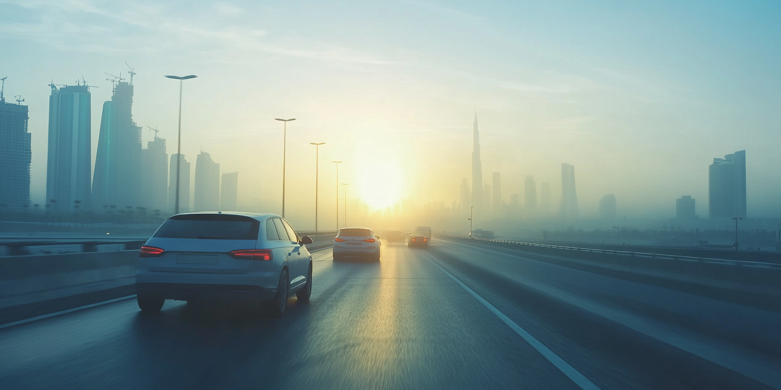 Silhouette car and human at eye level on road.