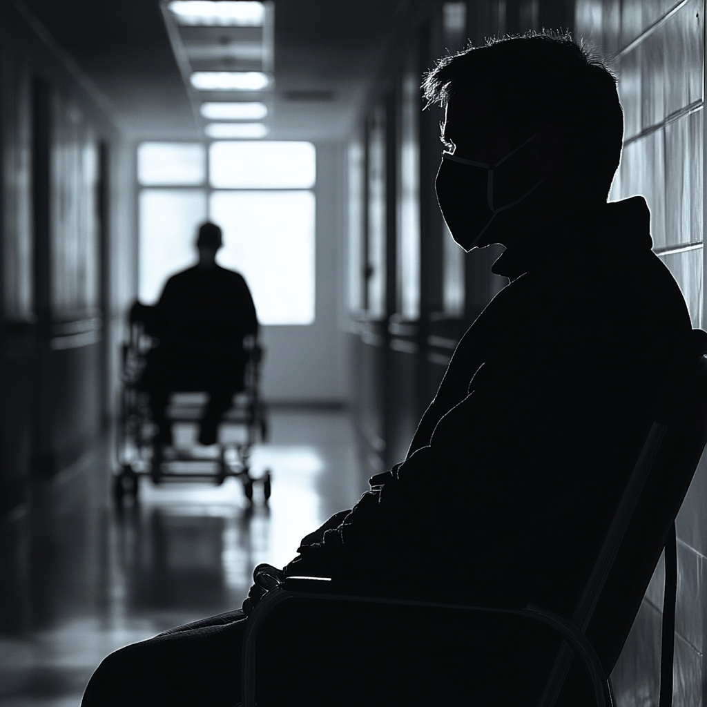 Silhouette man in mask next to man in chair.