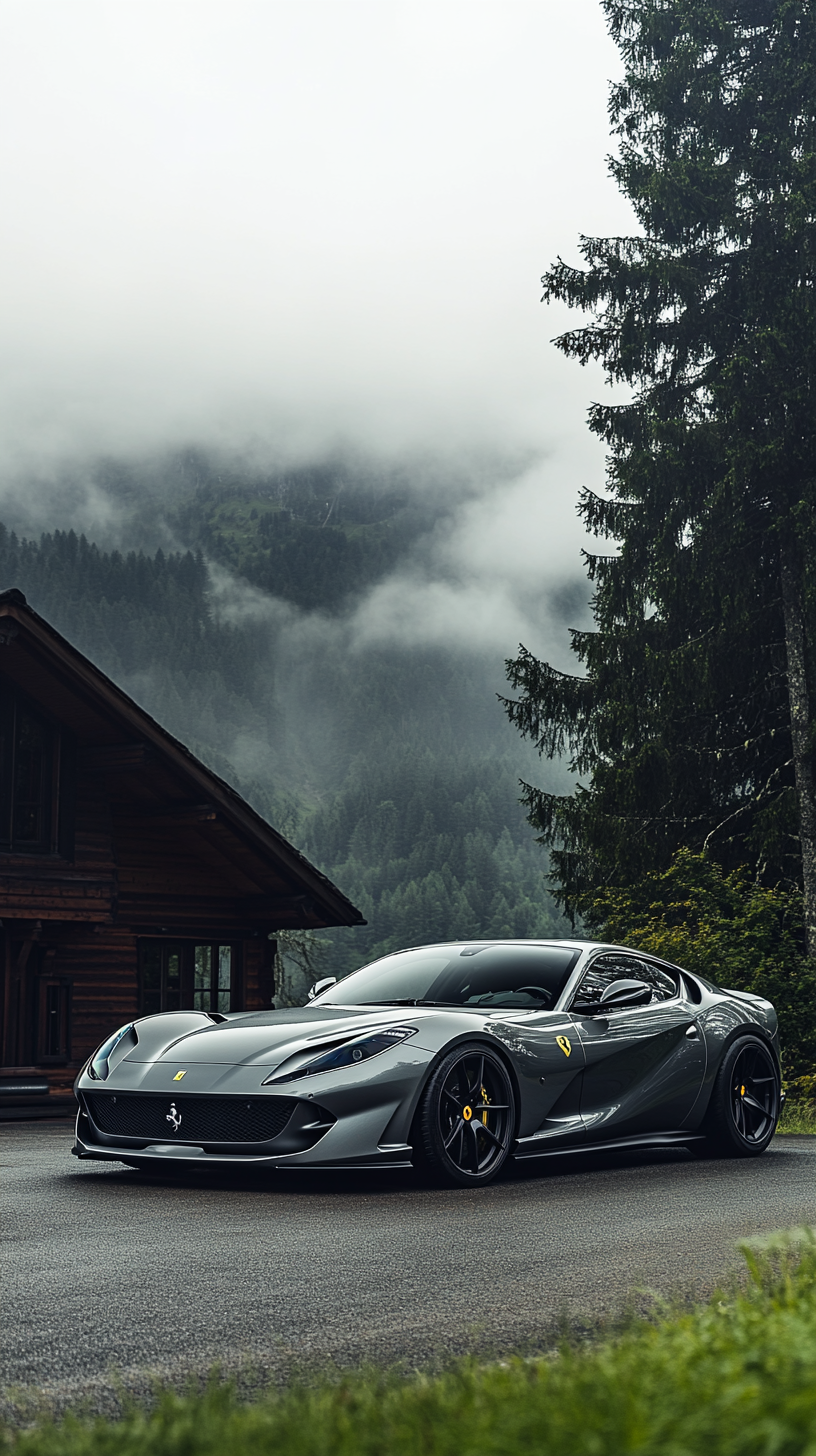 Silver Ferrari 812 Superfast near foggy mountain cabin.