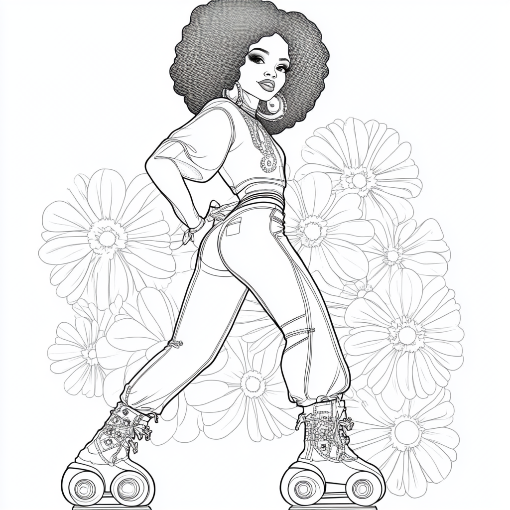 Simple, clean coloring book with African-American woman. Disco theme.